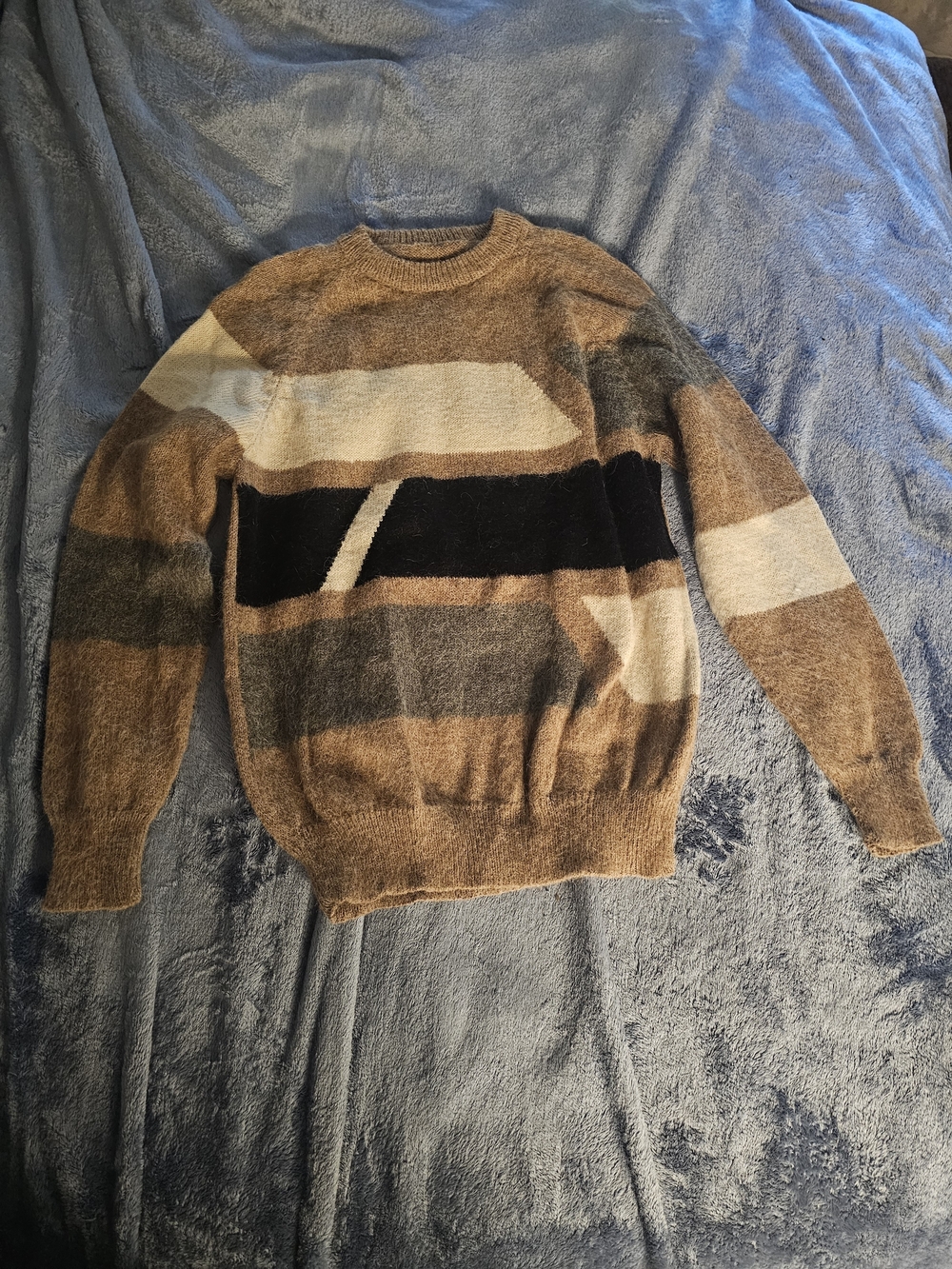 Vintage Men's Striped Crewneck Wool Sweater in Brown and Black